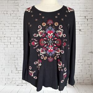 LUCKY BRAND Women's Top L Long Sleeve Black knit Cotton Embroidered Sheer accent